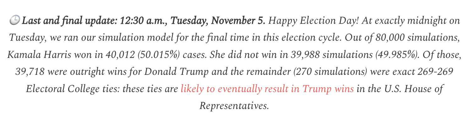 Nate Silver's final 2024 election forecast showing 50/50 odds