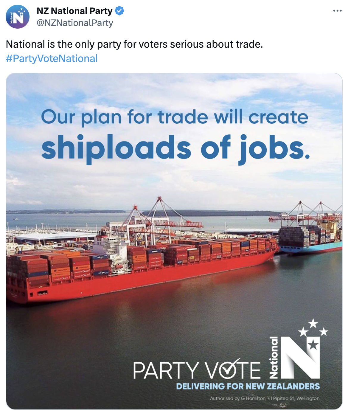 National Party campaign creative about trade deals bringing shiploads of jobs to New Zealand