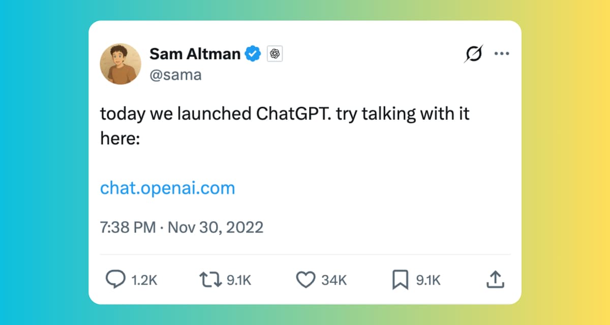 Tweet by Sam Altman announcing the launch of ChatGPT, with a link to chat.openai.com, posted on November 30, 2022 at 7:38 PM, showing engagement metrics of 1.2K comments, 9.1K retweets, and 34K likes.