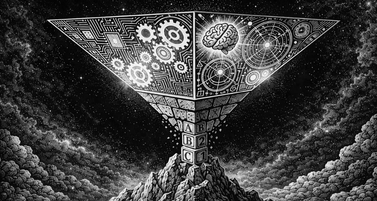 Alt text: Black-and-white woodcut-style illustration of an inverted pyramid balanced on its tip atop a jagged mountain. The narrow tip of the pyramid is made from cracked wooden alphabet and number blocks, while the wider upper faces are filled with intricate gears, circuitry, star charts, and a glowing brain. A dramatic, star-filled cosmic sky and swirling clouds surround the scene, emphasising scale, fragility, and tension.
