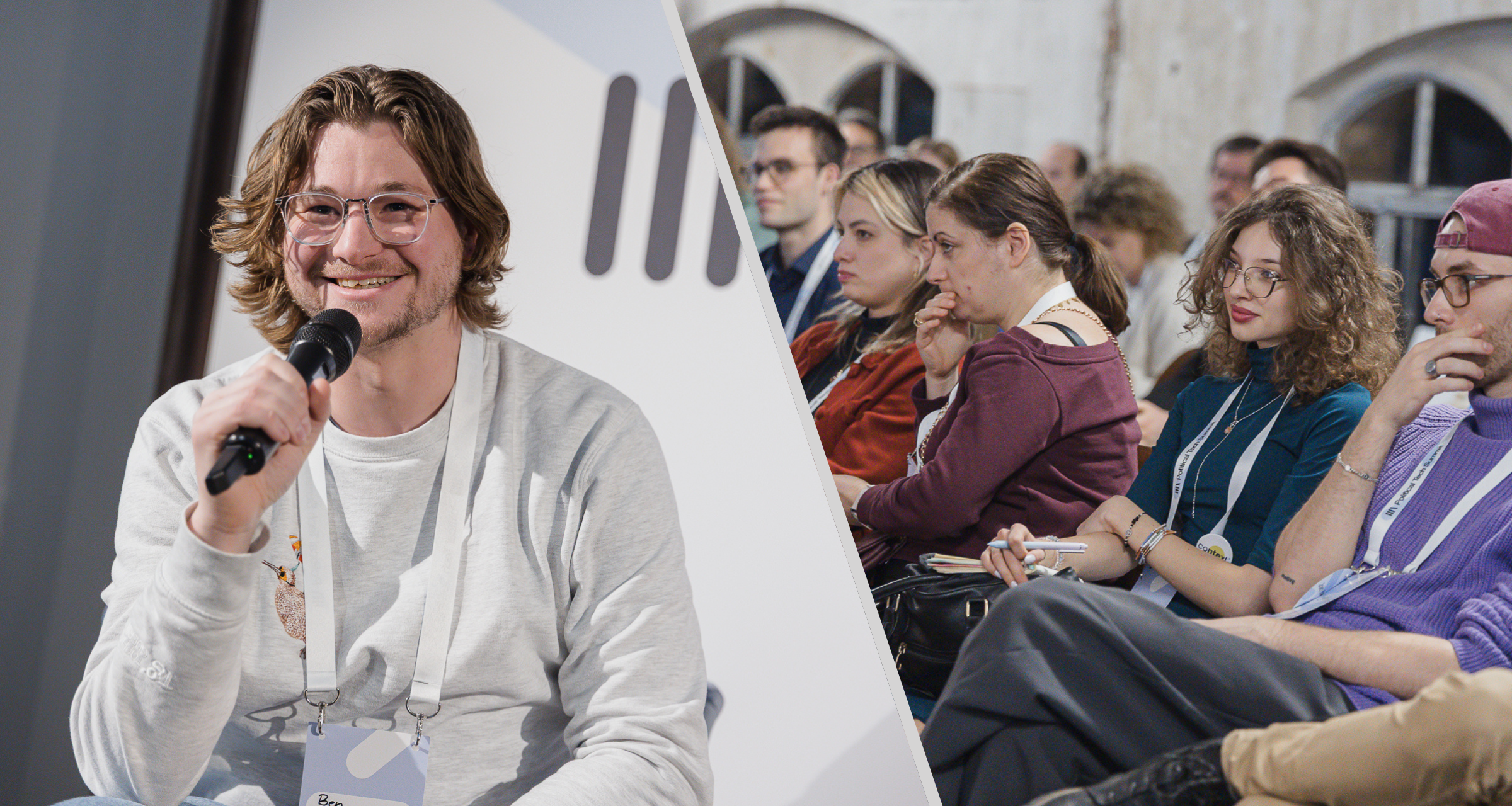 Ben Guerin speaking at the Political Tech Summit in Berlin, January 2026, holding a microphone and smiling, alongside an audience of young political communications professionals.