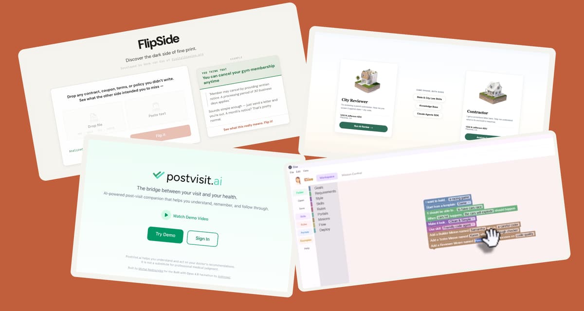 Four website mockups displayed on an orange background: FlipSide showing contract analysis tools, a service review page with City Reviewer and Contractor listings, and PostVisit.ai presenting an AI health companion interface with demo options.