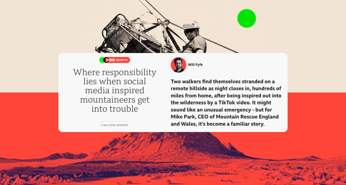 BBC Indepth article headline "Where responsibility lies when social media inspired mountaineers get into trouble" by Will Fyfe, with excerpt about two hikers stranded on a hillside after TikTok inspiration.