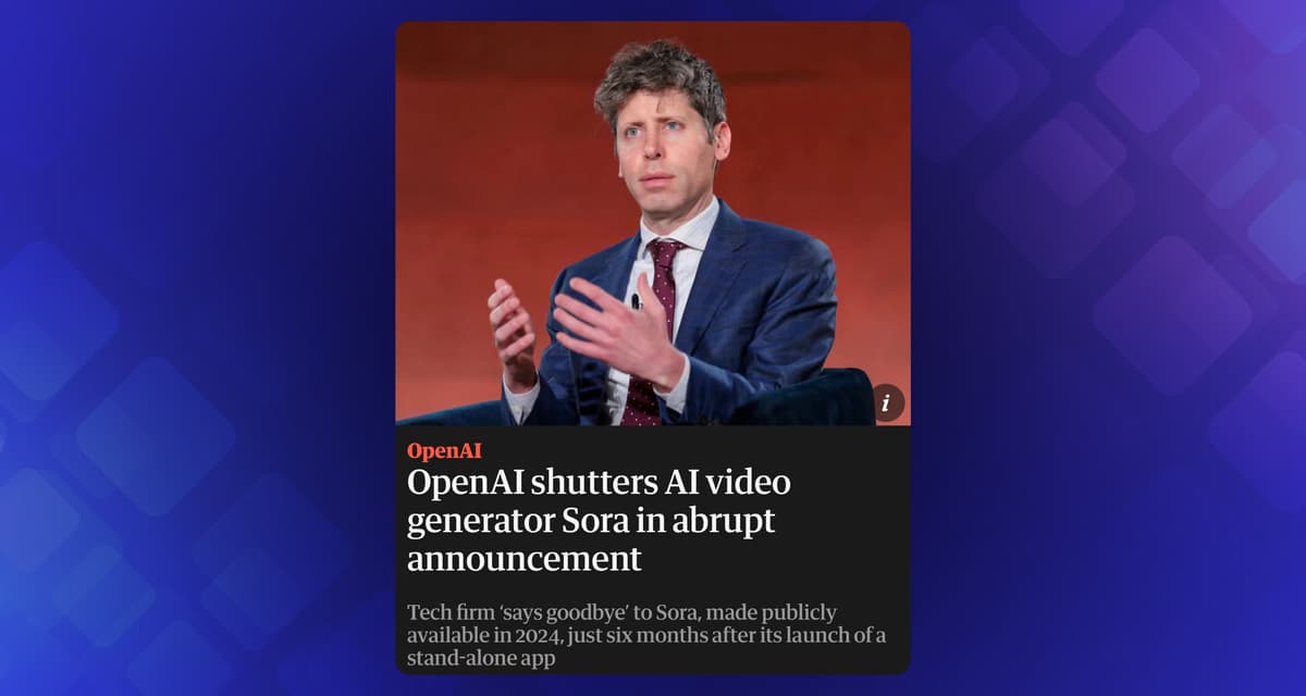 News headline card with Sam Altman gesturing while speaking against orange background, reporting OpenAI shuttering Sora video generator.