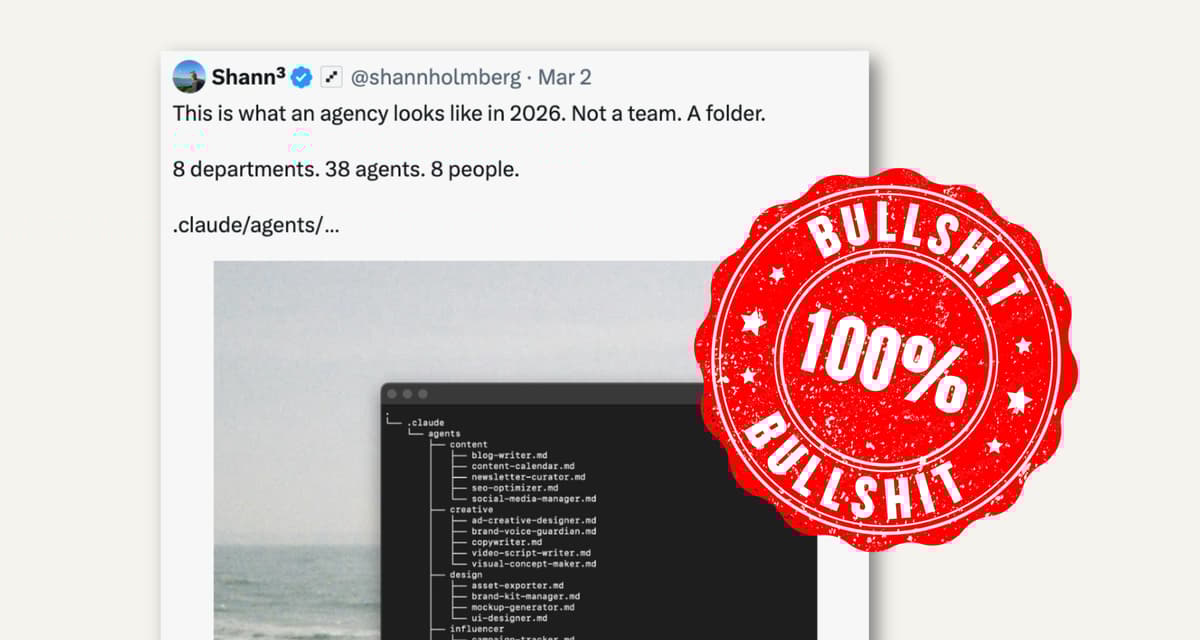Twitter post by Shann³ showing a file directory structure with "BULLSHIT 100%" stamp overlay, discussing agency structure in 2026