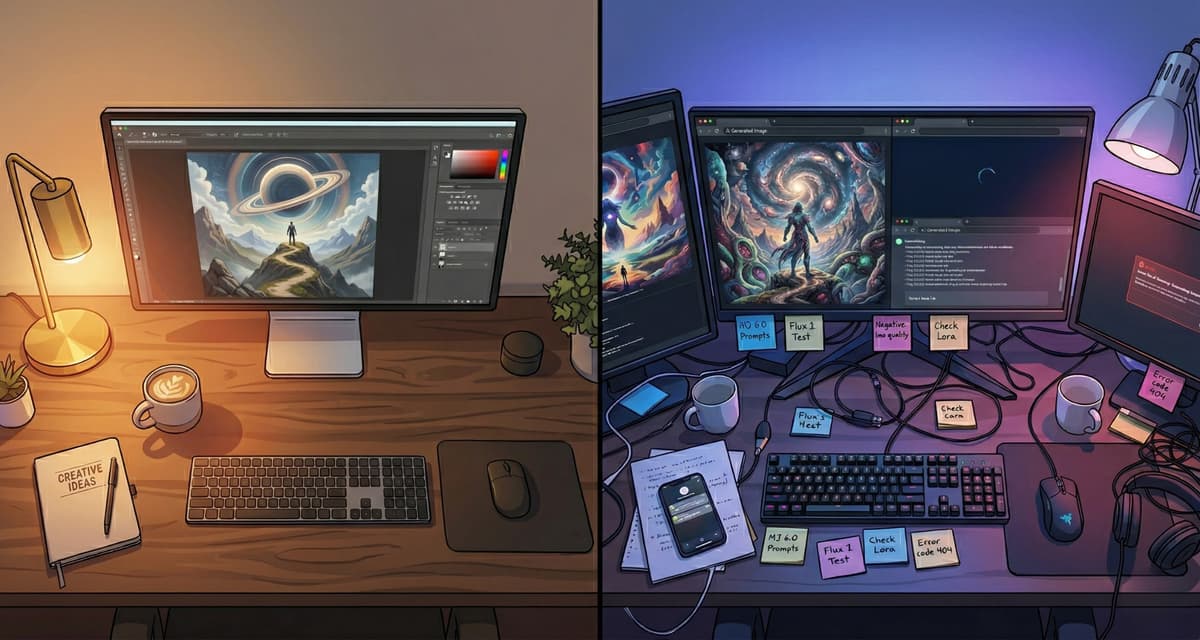 Two digital artist workstations shown side-by-side: left desk features warm lighting with editing software displaying a cosmic landscape illustration; right desk in cool purple tones shows multiple monitors with AI-generated images and sticky notes labeled with prompts and testing notes.