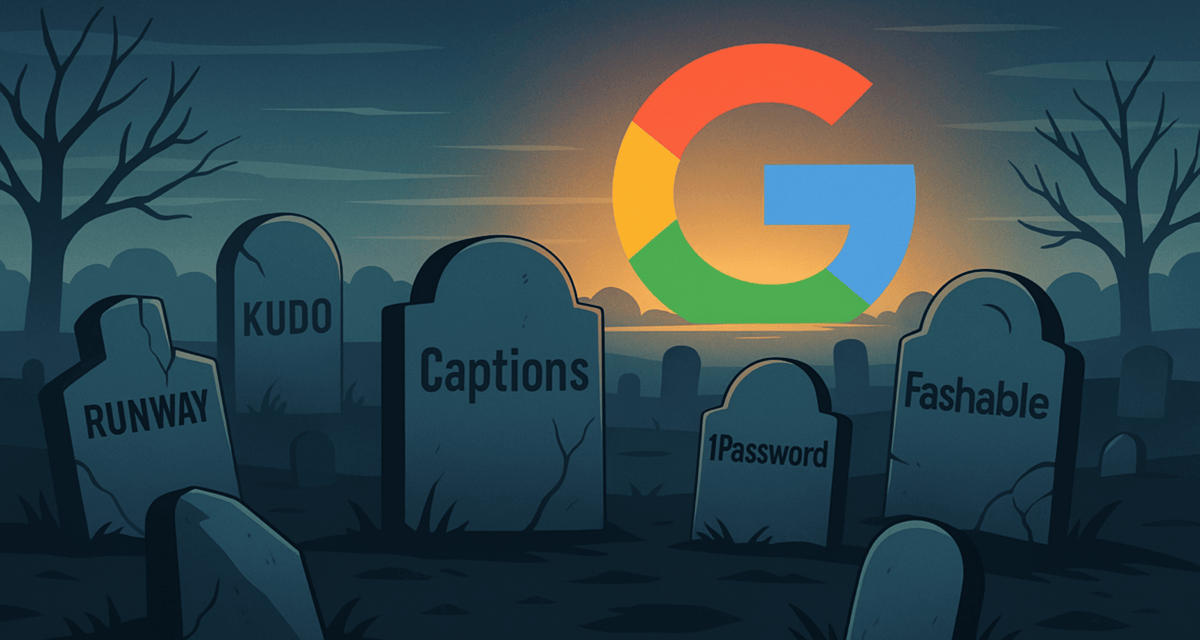Graveyard with startup tombstones beneath a glowing Google logo