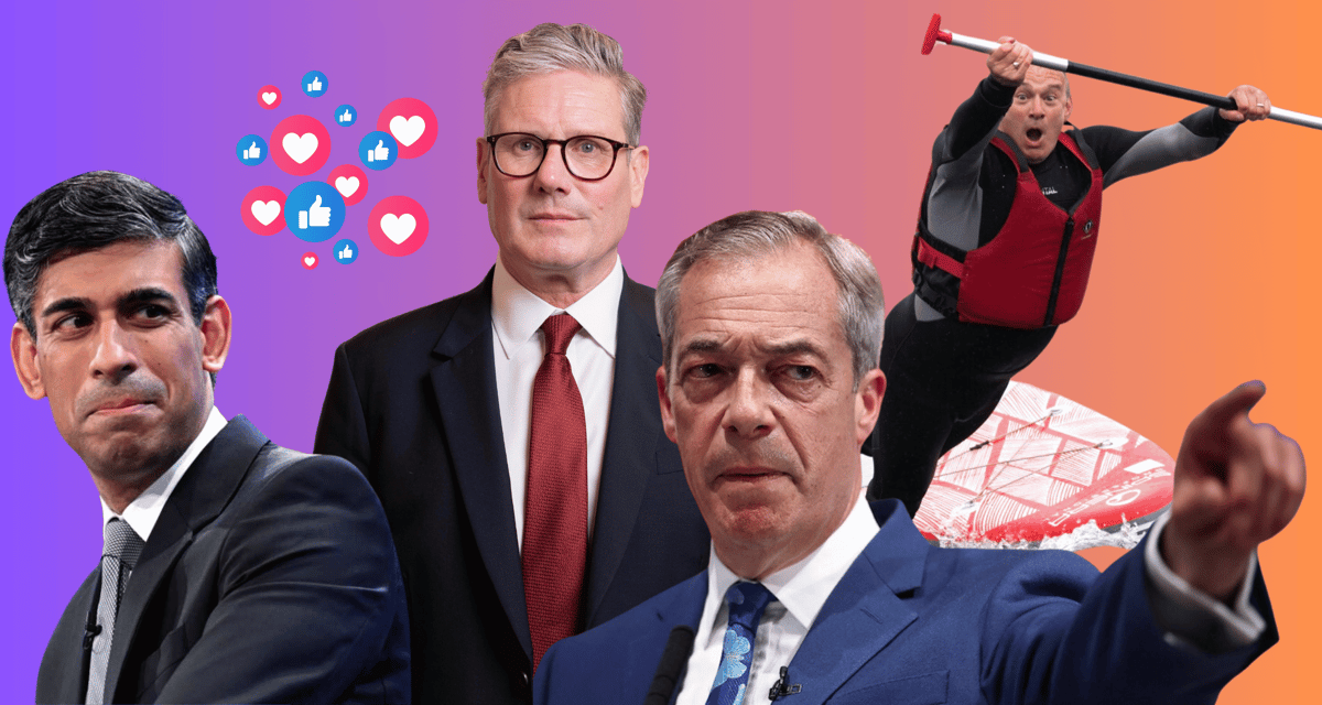 Collage of Rishi Sunak, Keir Starmer, and Nigel Farage with social media reaction icons