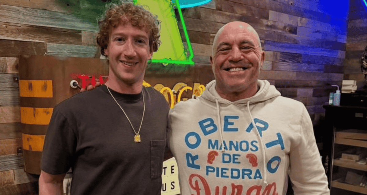 Mark Zuckerberg and Joe Rogan smiling together at the podcast studio