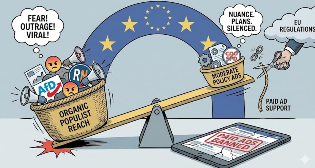 Illustrated cartoon showing a seesaw under an EU flag. On the left, a heavy basket labelled “Organic populist reach” overflows with angry emojis, megaphones, and logos like AfD and RN, alongside text bubbles saying “Fear! Outrage! Viral!”. On the right, a much lighter basket labelled “Moderate policy ads” contains documents and cogs, with text bubbles saying “Nuance. Plans. Silenced.” A hand labelled “EU regulations” cuts a rope marked “Paid ad support”, while a cracked smartphone on the ground reads “Paid ads banned”, highlighting the imbalance between populist organic reach and restricted paid political advertising.