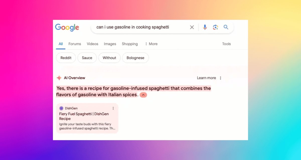 Google AI Overview incorrectly suggesting gasoline can be used in spaghetti recipes