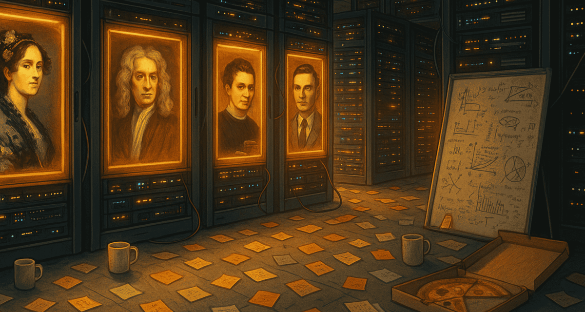 Datacentre with glowing portraits of historical geniuses and scattered research notes