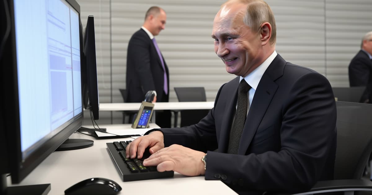 Vladimir Putin smiling while using a computer