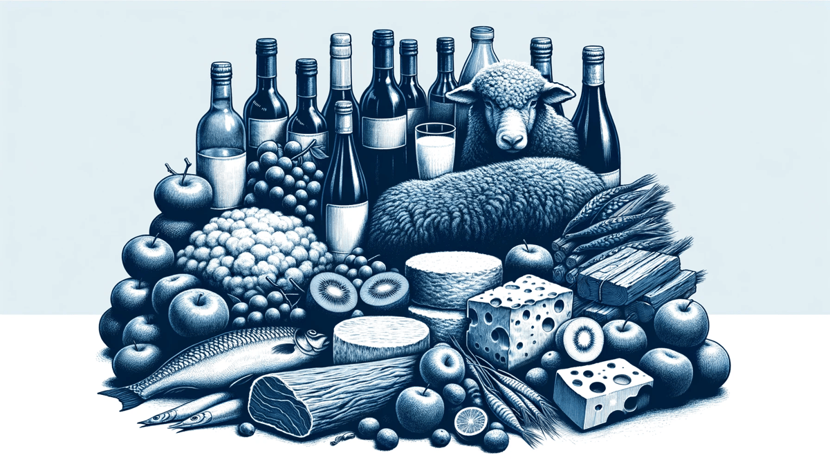 Blue-toned illustration of New Zealand exports: sheep, wine, cheese, kiwifruit, and fish