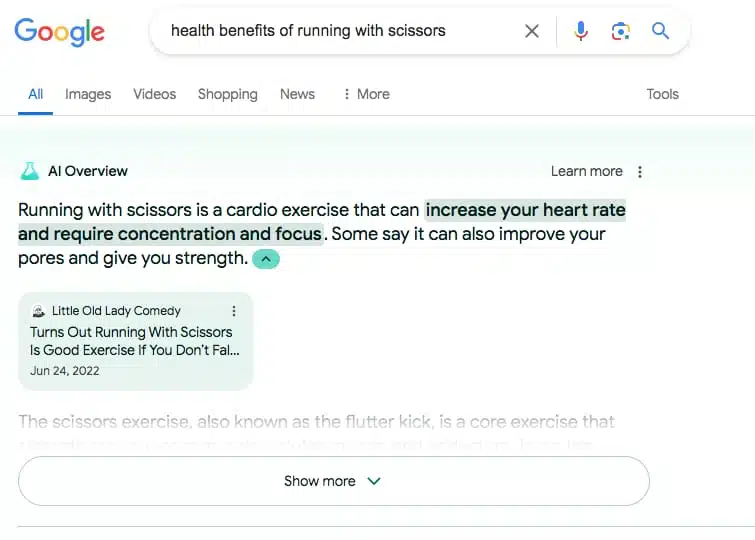 Google AI Overview claiming running with scissors is good exercise