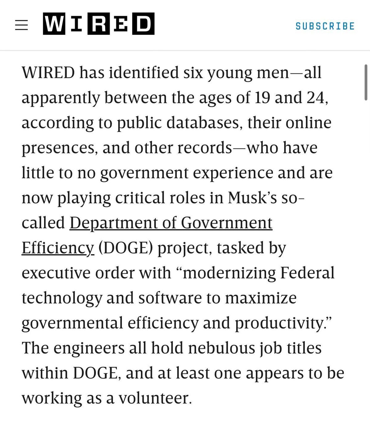 Screenshot of WIRED article naming young engineers involved in Elon Musk’s DOGE team, with a headline highlighting their lack of government experience.
