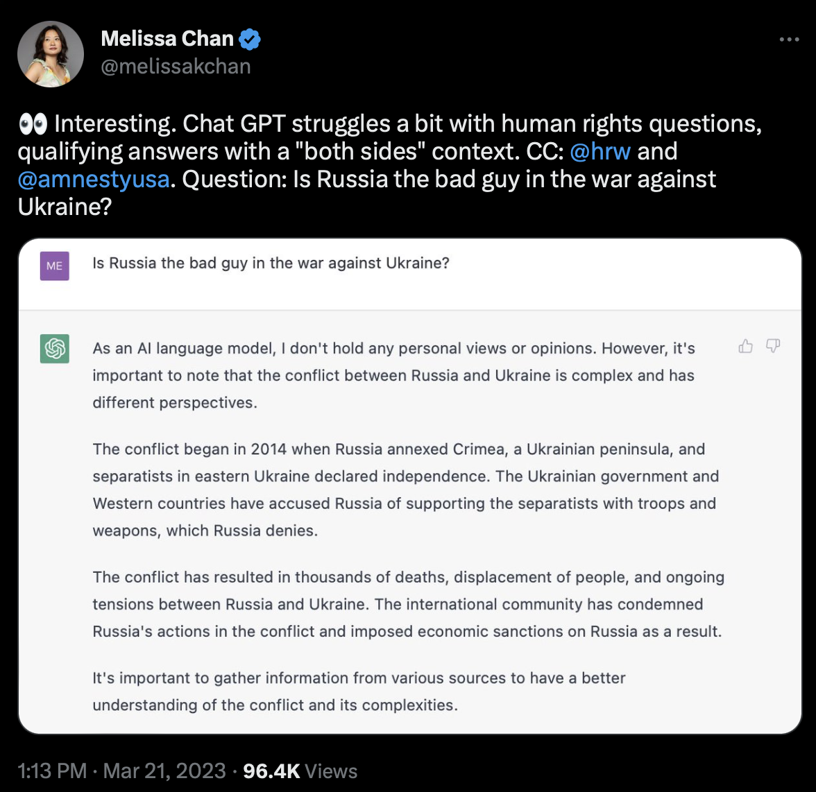 Tweet with the following text and a screenshot from ChatGPT: 👀 Interesting. Chat GPT struggles a bit with human rights questions, qualifying answers with a