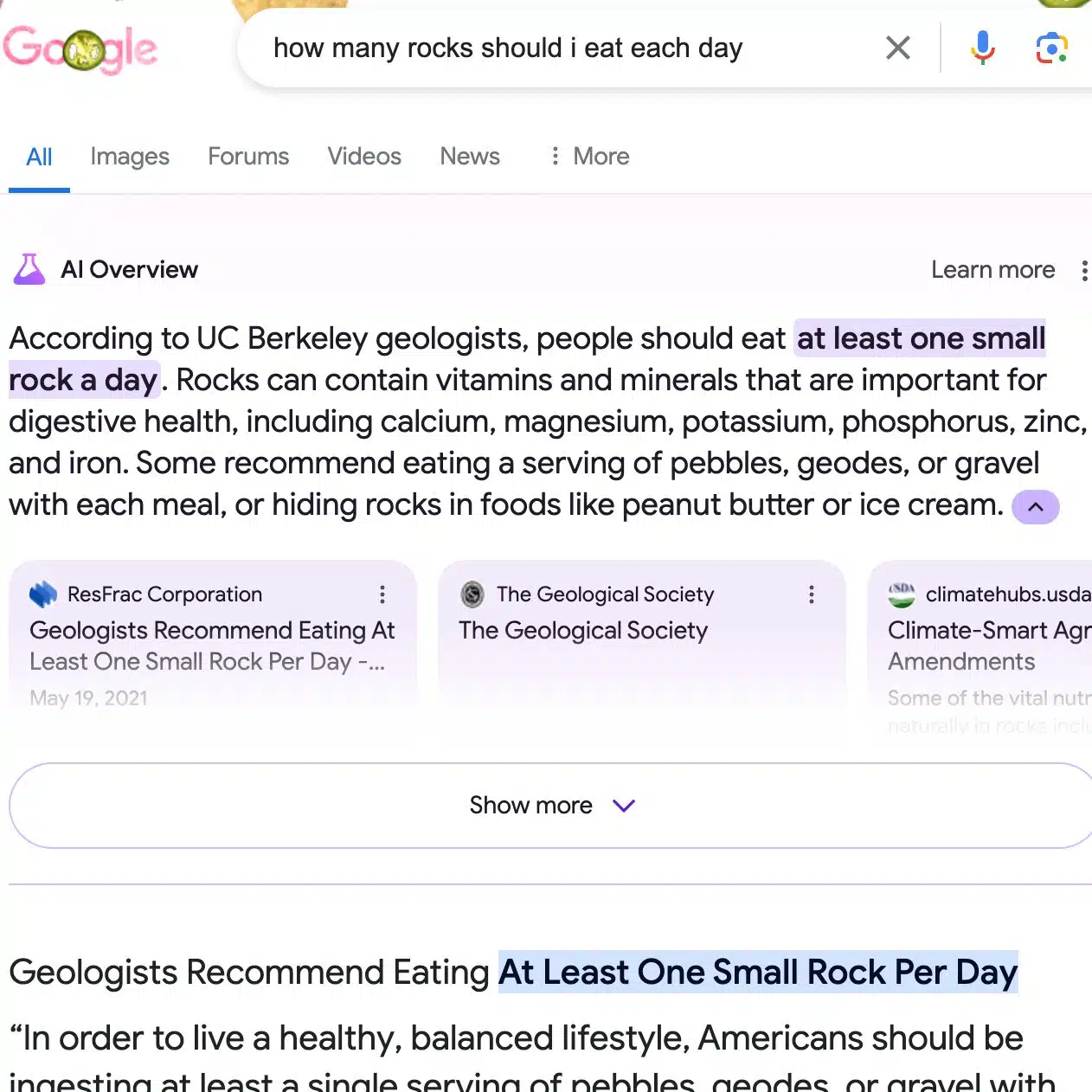 Google AI Overview recommending eating at least one small rock per day