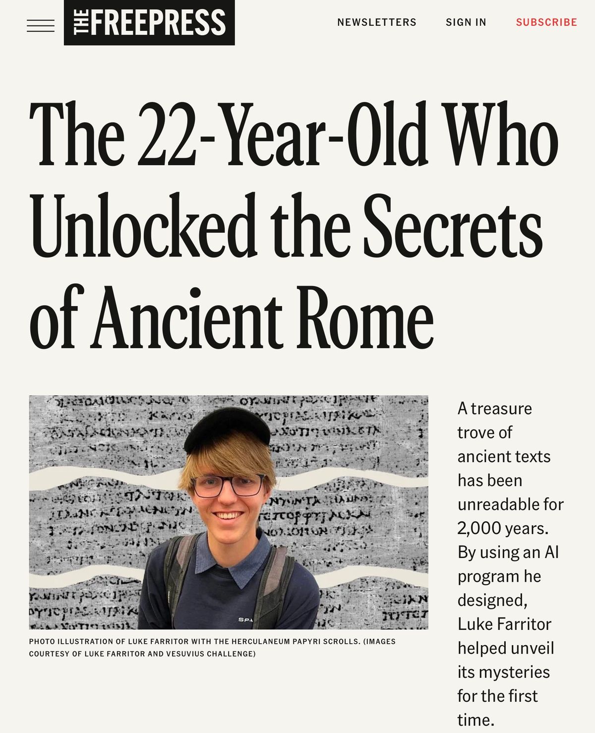 Screenshot of an article of Luke Farritor explaining how he used AI to decode a 2,000-year-old Roman scroll from Herculaneum.