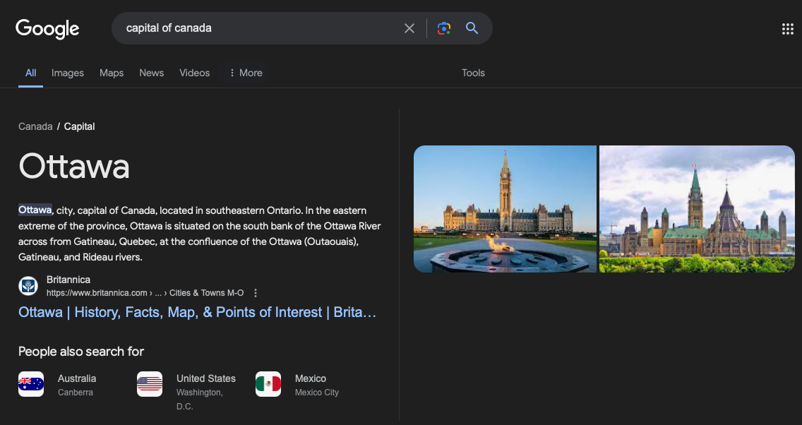 Google featured snippet showing Ottawa as the capital of Canada