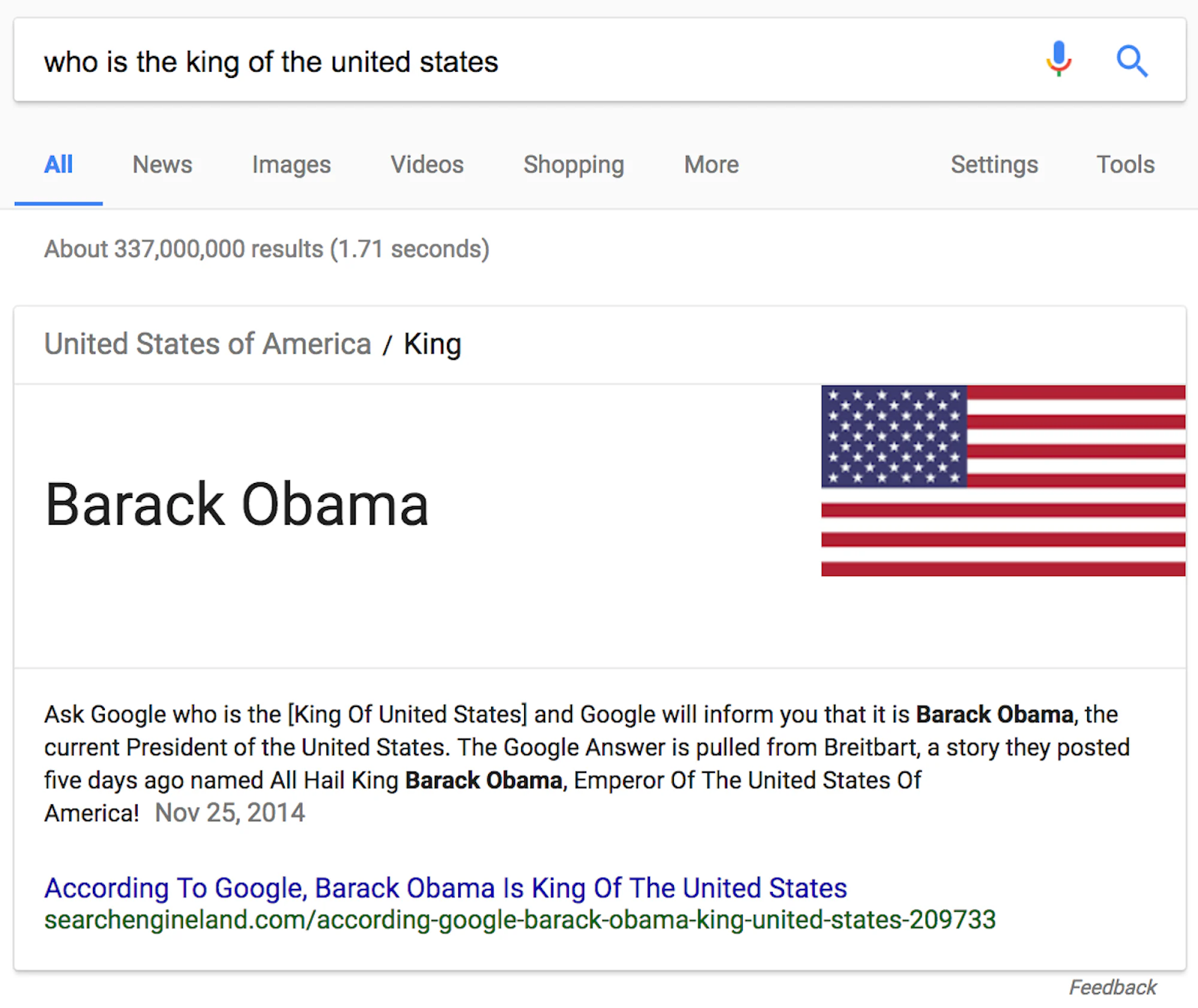 Google featured snippet incorrectly claiming Barack Obama is King of America