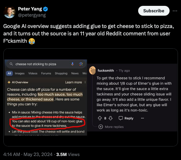 Google AI Overview suggesting adding glue to pizza, sourced from a Reddit joke