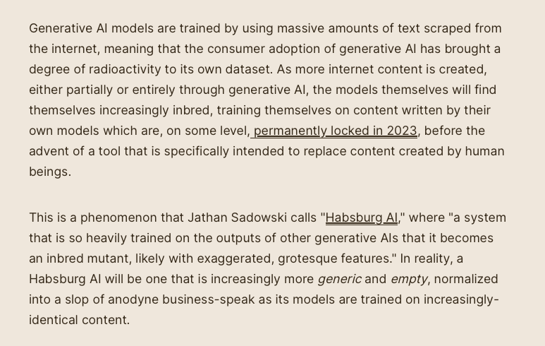 Ed Zitron article excerpt about AI training data inbreeding